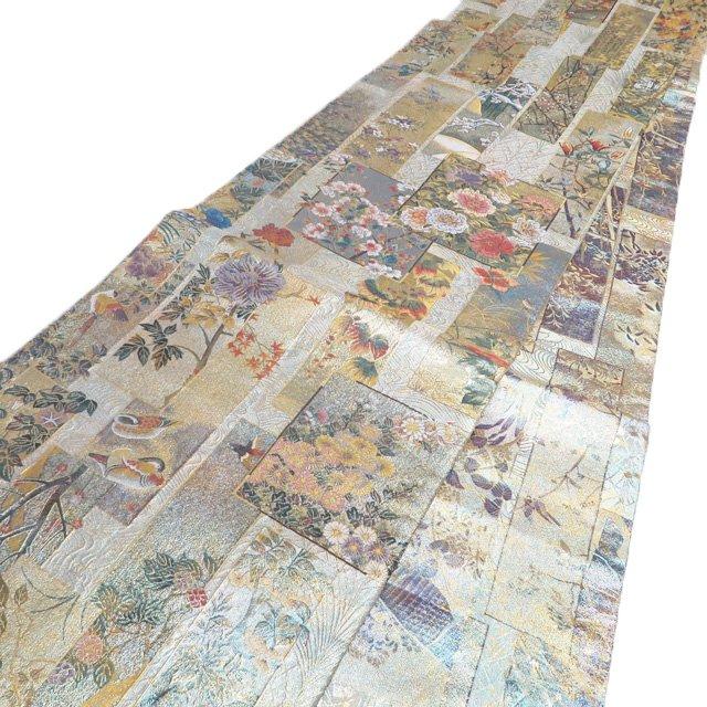 袋帯 中古 西陣 あさぎ 正絹 フォーマル 本金箔 本プラチナ箔 近代花鳥