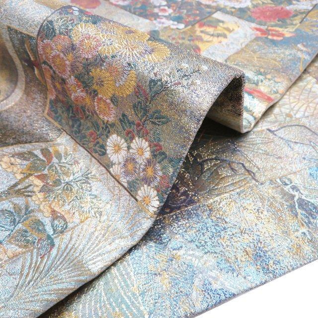 袋帯 中古 西陣 あさぎ 正絹 フォーマル 本金箔 本プラチナ箔 近代花鳥