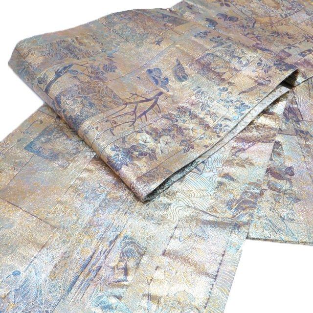 袋帯 中古 西陣 あさぎ 正絹 フォーマル 本金箔 本プラチナ箔 近代花鳥