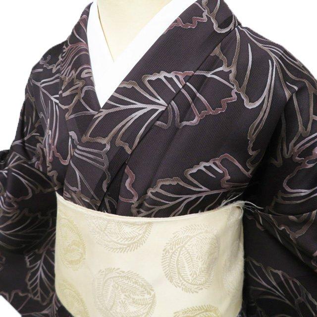 小紋 着物 中古 正絹 袷 カジュアル 葉っぱ模様 焦茶色 身丈165cm 裄