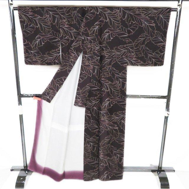 小紋 着物 中古 正絹 袷 カジュアル 葉っぱ模様 焦茶色 身丈165cm 裄
