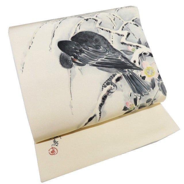 特選 名古屋帯 なごや帯 中古 リサイクル 正絹 カジュアル 仕立て上がり 作家物 落款 手描き カラス 烏 鳥の子色 多色 きもの北條 A1216-18 特選 名古屋帯 なごや帯 中古 リサイクル 正絹 カジュアル 仕立て