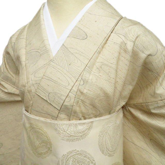 紬地 着物 中古 正絹 単衣 カジュアル 流線模様 砥粉色 身丈158.5cm 裄 