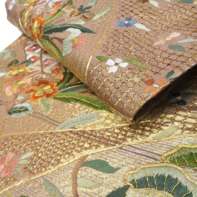 袋帯 中古 リサイクル 正絹 フォーマル 仕立て上がり 六通 汕頭刺繍 スワトウ 地紙に花の図 箔糸 多色 金 きもの北條 A1221-17 袋帯 中古 リサイクル 正絹 フォーマル 仕立て上がり 六通 汕頭刺繍