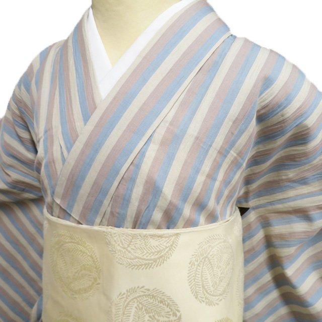 小紋 着物 中古 綿麻 夏物 カジュアル 縦縞模様 ストライプ 亜麻色 胡桃染色 薄花色 身丈155.5cm 裄65.5cm SA きもの北條 A1221-8 小紋 着物 中古 綿麻 夏物 カジュアル 縦縞模様 ストライプ 亜麻色