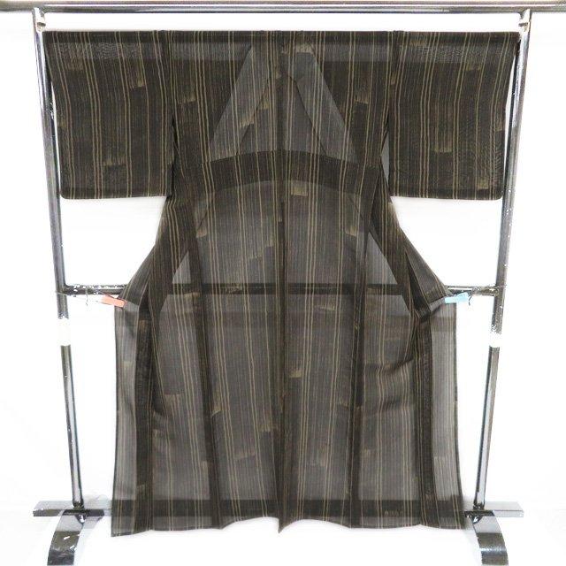 特選 夏物 夏着物 小紋 着物 中古 正絹 紗紬 カジュアル 縦縞模様 焦茶色 多色 身丈162cm 裄69cm M きもの北條 A1226-4の画像