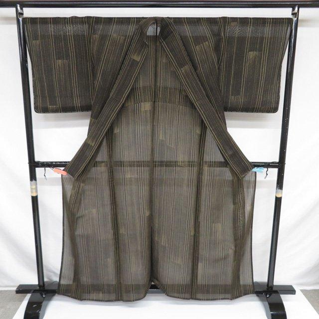 特選 夏物 夏着物 小紋 着物 中古 正絹 紗紬 カジュアル 縦縞模様 焦茶色 多色 身丈162cm 裄69cm M きもの北條 A1226-4の画像