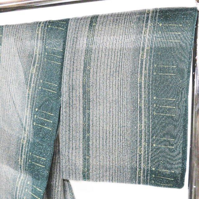 夏物 夏着物 夏芭蕉 絹芭蕉 着物 中古 正絹 カジュアル 縞模様 深緑色 緑系色 身丈162cm 裄68.5cm M ワイド きもの北條 A1226-5の画像
