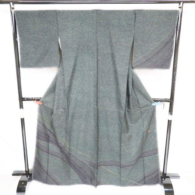 特選 牛首紬 着物 中古 袷 セミフォーマル 白山工房 落款 老緑色 緑系 