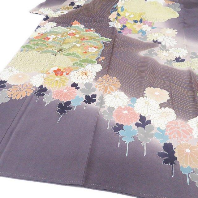振袖 着物 中古 正絹 金駒刺繍 金彩 花の図 松竹 菊 桜 紅葉