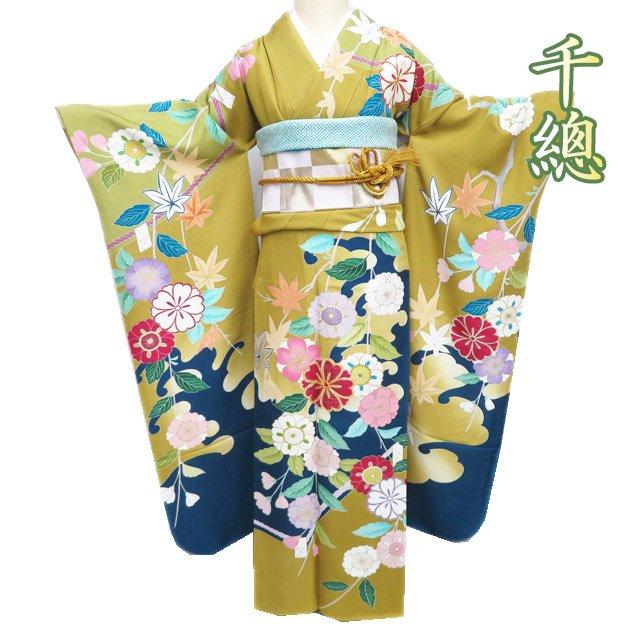 特選 振袖 着物 中古 正絹 金駒刺繍 千總 花の図 桜 紅葉 芥子色 高麗納戸色 多色 金 身丈164cm 裄65cm L きもの北條 A1244-6 特選 振袖 着物 中古 正絹 金駒刺繍 千總 花の図 桜 紅葉 芥子色 高麗
