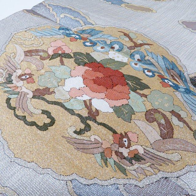 夏物 夏帯 袋帯 中古 リサイクル 正絹 フォーマル 仕立て上がり 六通 明綴れ 花鳥の図 銀通し きもの北條 A1245-5の画像