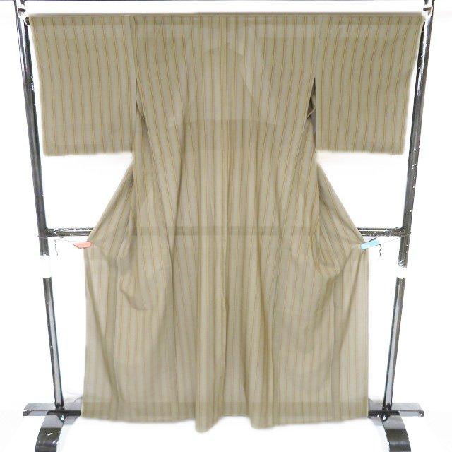 特選 黄八丈 夏物 夏着物 着物 中古 正絹 カジュアル 縦縞模様 黄海松茶色 多色 身丈161.5cm 裄69cm M きもの北條 A1247-5の画像