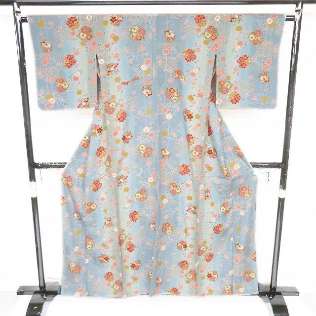 小紋 着物 中古 正絹 単衣 カジュアル 花模様 籠目 暈し 水浅葱色 多色