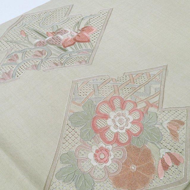 未使用 名古屋帯 汕頭刺繍 お太鼓柄 袋帯 中古 リサイクル 正絹 紬地 