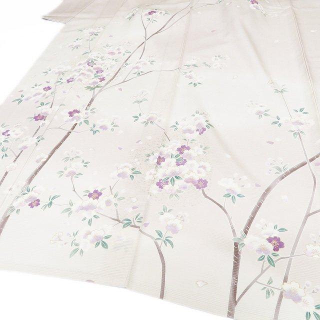 夏物 夏着物 訪問着 着物 未使用 正絹 絽 フォーマル 花模様 桜 暈し オフホワイト 素色 身丈158.5cm 裄64cm M きもの北條 A1257-14の画像