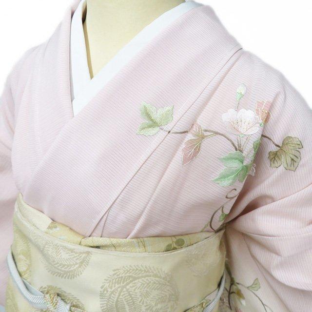 特選 夏物 夏着物 訪問着 着物 中古 正絹 絽 汕頭刺繍 紋付き 花の図 金糸 乙女色 多色 身丈166cm 裄65cm L トール きもの北條 A1263-2の画像