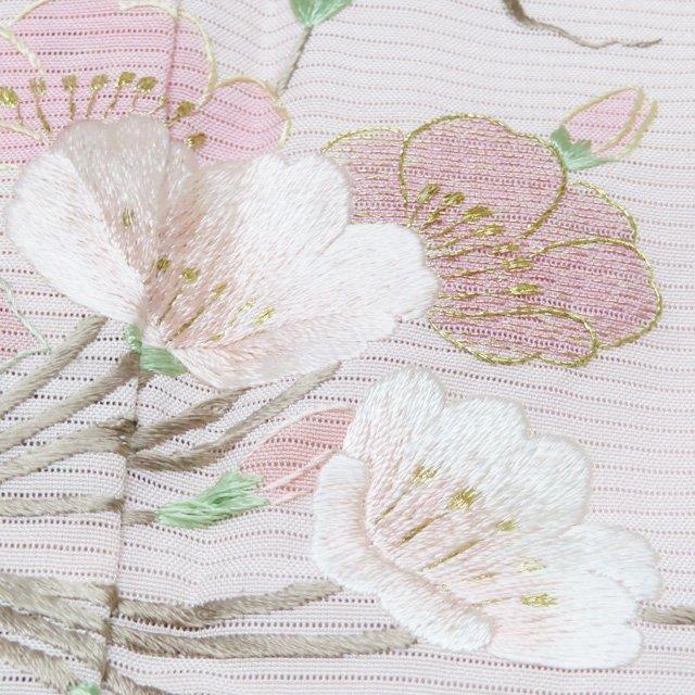 特選 夏物 夏着物 訪問着 着物 中古 正絹 絽 汕頭刺繍 紋付き 花の図 金糸 乙女色 多色 身丈166cm 裄65cm L トール きもの北條 A1263-2の画像