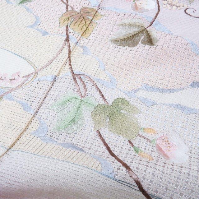 特選 夏物 夏着物 訪問着 着物 中古 正絹 絽 汕頭刺繍 紋付き 花の図 金糸 乙女色 多色 身丈166cm 裄65cm L トール きもの北條 A1263-2の画像