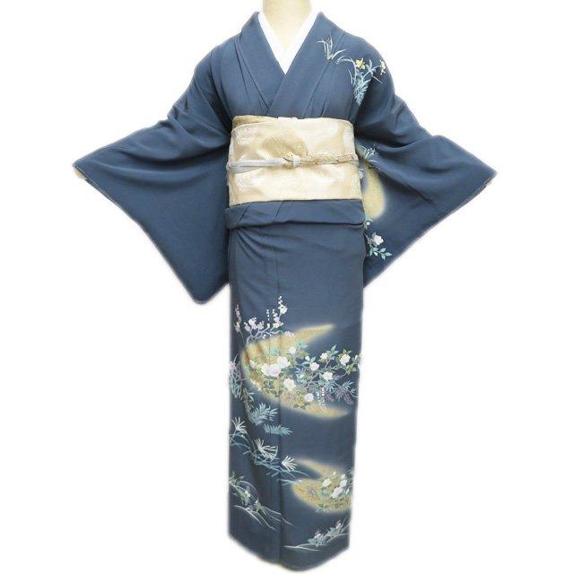 訪問着 着物 未使用 正絹 袷 フォーマル 花の図 反端付き 錆鉄納戸色 多色 金 身丈155cm 裄64cm SA きもの北條 A1269-9 訪問着 着物 未使用 正絹 袷 フォーマル 花の図 反端付き 錆鉄納戸色