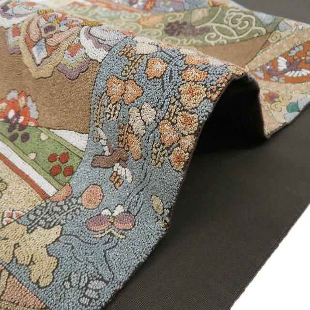 高級 袋帯 正絹 お太鼓柄 濃緑 金通し 蘇州刺繍 相良刺繍 中国刺繍 訪問着 袋帯 中古 リサイクル 正絹 フォーマル お太鼓柄 相良刺繍 花鳥模様 正