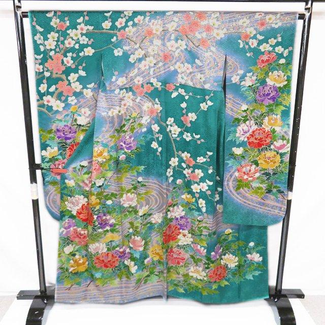 振袖 襦袢 2点 セット 着物 中古 金駒刺繍 流水に花の図 牡丹 梅 地模様 緑色 多色 金 身丈156cm 裄65cm M きもの北條 A1276-7 中古 振袖 綸子 正絹 古典柄 金駒刺繍 袷仕立て 身丈167cm 裄丈70cm