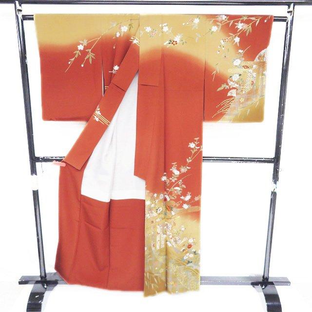 訪問着 着物 中古 正絹 袷 フォーマル 金駒刺繍 花の図 扇子 鶴 霞