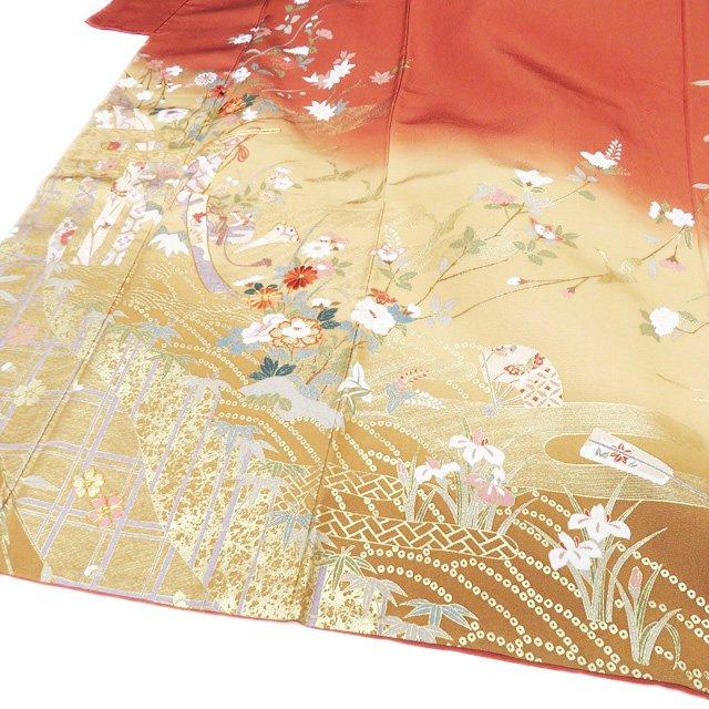 訪問着 着物 中古 正絹 袷 フォーマル 金駒刺繍 花の図 扇子 鶴