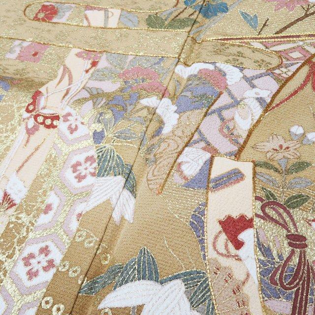 訪問着 着物 中古 正絹 袷 フォーマル 金駒刺繍 花の図 扇子 鶴 霞