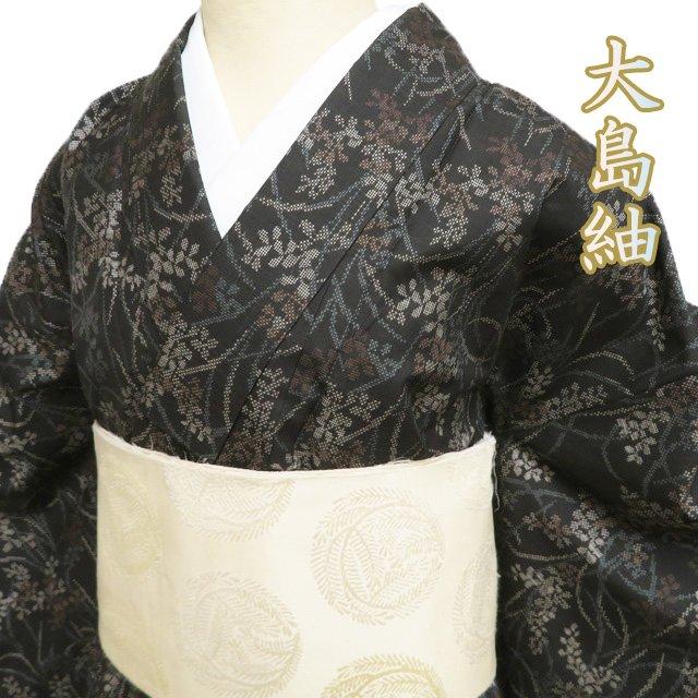 大島紬 着物 中古 正絹 袷 カジュアル 花模様 黒茶色 多色 身丈160cm