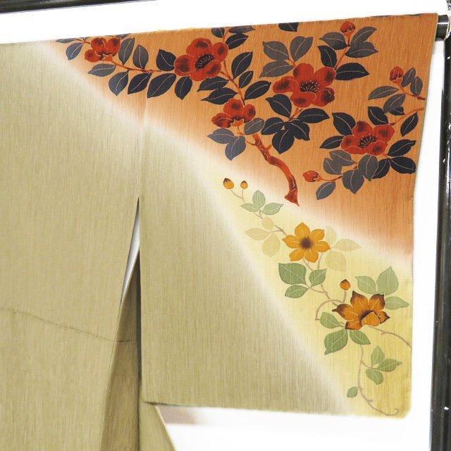 特選 訪問着 着物 未使用 正絹 袷 古田芳彩作 人間国宝 木村雨山画 花の図 油色 多色 身丈164.5cm 裄66.5cm L きもの北條 A1288-4の画像