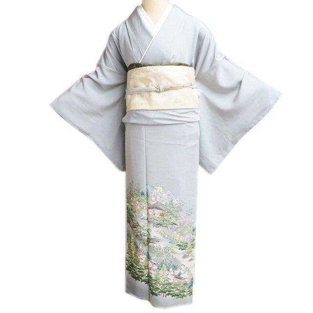 色留袖 着物 未使用 正絹 袷 フォーマル 紋付 三つ紋 自然文様 風景 薄灰色 多色 身丈170.5cm 裄68cm L トール きもの北條 A1290-4 色留袖 着物 未使用 正絹 袷 フォーマル 紋付 三つ紋 自然文様 風景 薄