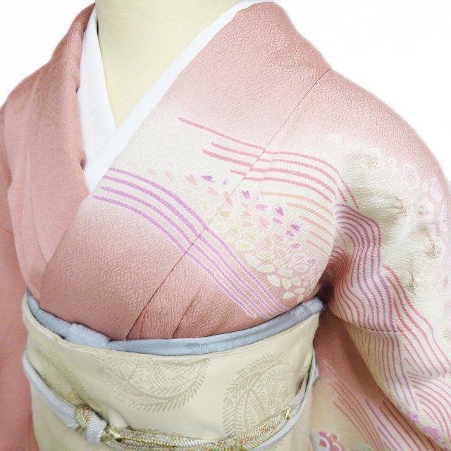 特選 訪問着 着物 中古 正絹 袷 フォーマル 金駒刺繍 波に花の図 東雲