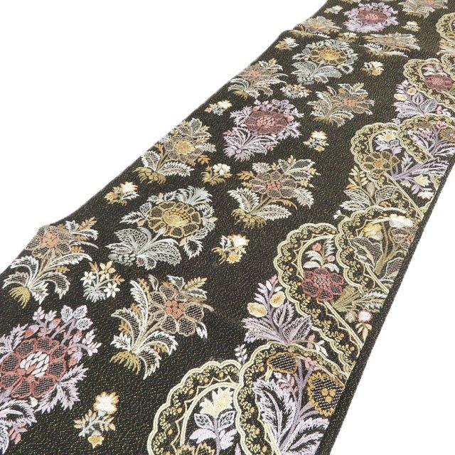 袋帯 未使用 正絹 フォーマル 仕立て上がり 六通 相良刺繍 花模様 金通し 黒色 多色 きもの北條 A1298-8の画像