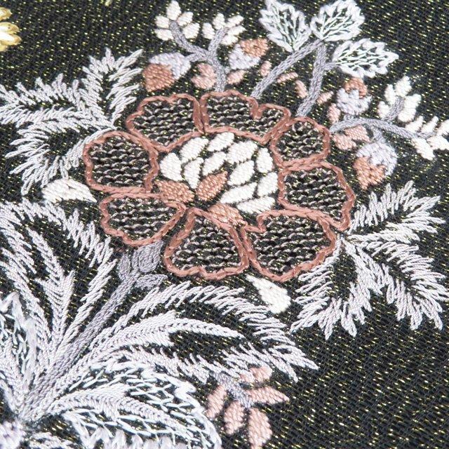 袋帯 未使用 正絹 フォーマル 仕立て上がり 六通 相良刺繍 花模様 金通し 黒色 多色 きもの北條 A1298-8の画像