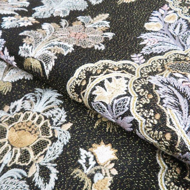 袋帯 未使用 正絹 フォーマル 仕立て上がり 六通 相良刺繍 花模様 金通し 黒色 多色 きもの北條 A1298-8の画像