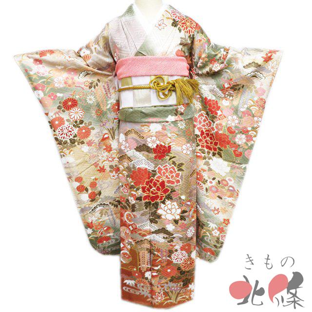 振袖 着物 中古 正絹 成人式 結納 金駒刺繍 花鳥の図 鴛鴦 地模様 多色