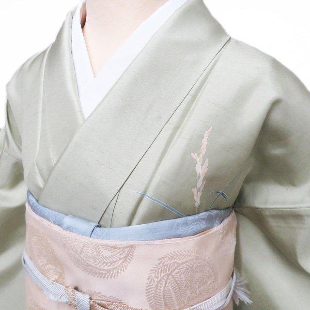 特選 付け下げ 訪問着 着物 中古 正絹 紬地 袷 紋付き 田村哲彦 落款 稲穂に雀の図 暈し 若葉色 身丈162cm 裄65.5cm M きもの北條 A1306-11_2