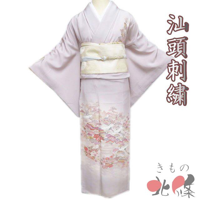 訪問着 着物 中古 正絹 袷 洒落紋 汕頭刺繍 スワトウ 花鳥の図 鶴 灰梅 