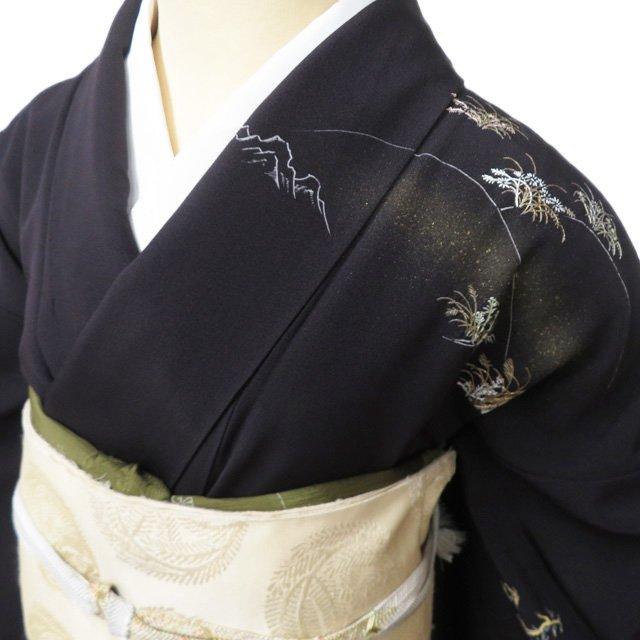 特選 訪問着 着物 中古 正絹 袷 フォーマル 蘇州刺繍 鳥獣戯画 金銀糸 黒橡色 多色 身丈161.5cm 裄66.5cm M きもの北條 A1311-9の画像