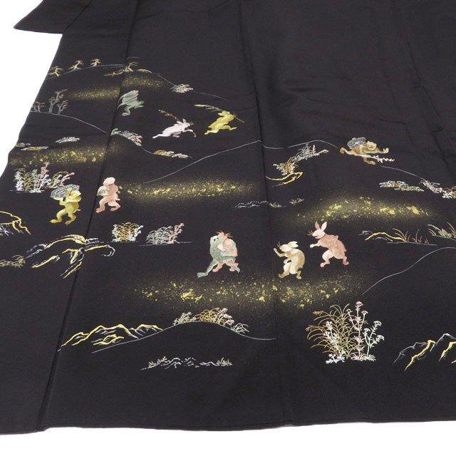 特選 訪問着 着物 中古 正絹 袷 フォーマル 蘇州刺繍 鳥獣戯画 金銀糸 黒橡色 多色 身丈161.5cm 裄66.5cm M きもの北條 A1311-9の画像
