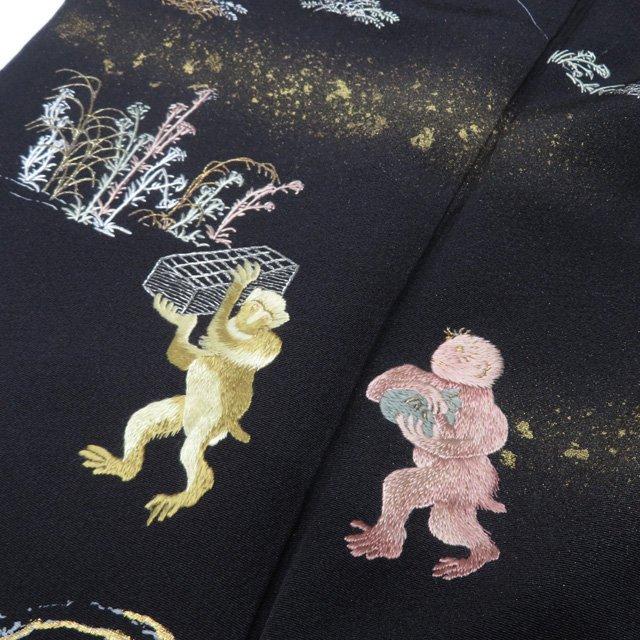 特選 訪問着 着物 中古 正絹 袷 フォーマル 蘇州刺繍 鳥獣戯画 金銀糸 黒橡色 多色 身丈161.5cm 裄66.5cm M きもの北條 A1311-9の画像