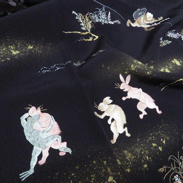 特選 訪問着 着物 中古 正絹 袷 フォーマル 蘇州刺繍 鳥獣戯画 金銀糸 黒橡色 多色 身丈161.5cm 裄66.5cm M きもの北條 A1311-9の画像