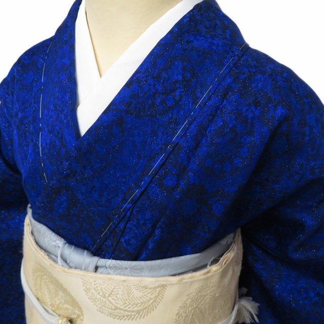 特選 訪問着 襦袢 2点セット 着物 未使用 正絹 リサイクル 花紋 銀通し 群青色 身丈172.5cm 裄73cm L トール ワイド きもの北條 A1315-1の画像