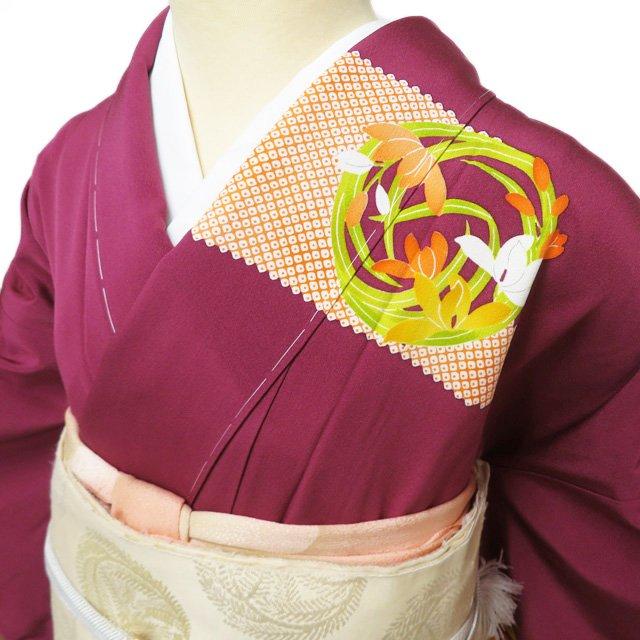 特選 訪問着 着物 未使用 正絹 袷 刺繍紋 志ま亀 花の図 たとう紙付き 蘇芳色 多色 身丈169cm 裄68.5cm L トール きもの北條 A1315-6の画像