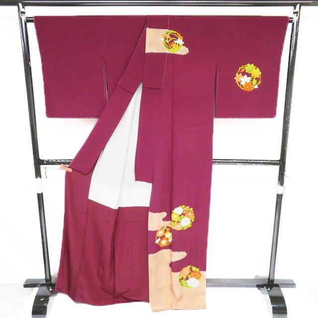 特選 訪問着 着物 未使用 正絹 袷 刺繍紋 志ま亀 花の図 たとう紙付き 蘇芳色 多色 身丈169cm 裄68.5cm L トール きもの北條 A1315-6の画像