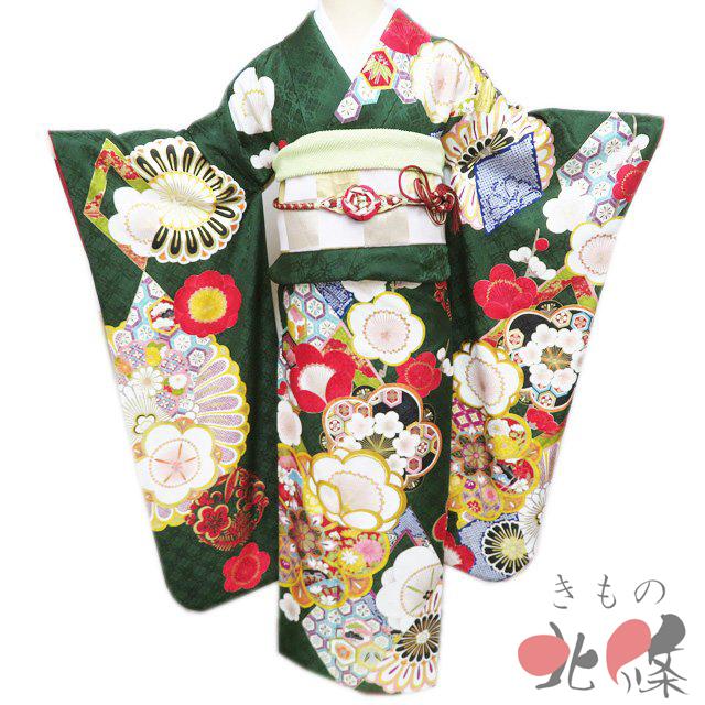 振袖 着物 中古 正絹 成人式 結納 結婚式 花の図 松竹梅 地模様 深碧色