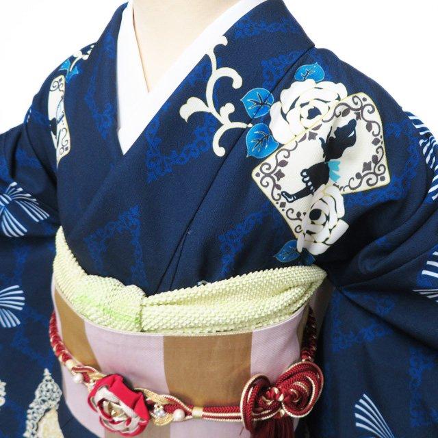 特選 振袖 着物 未使用 ポリエステル 成人式 結婚式 遊禅庵 不思議の国のアリス 濃紺色 身丈173cm 裄68.5cm L トール きもの北條 A1318-8の画像