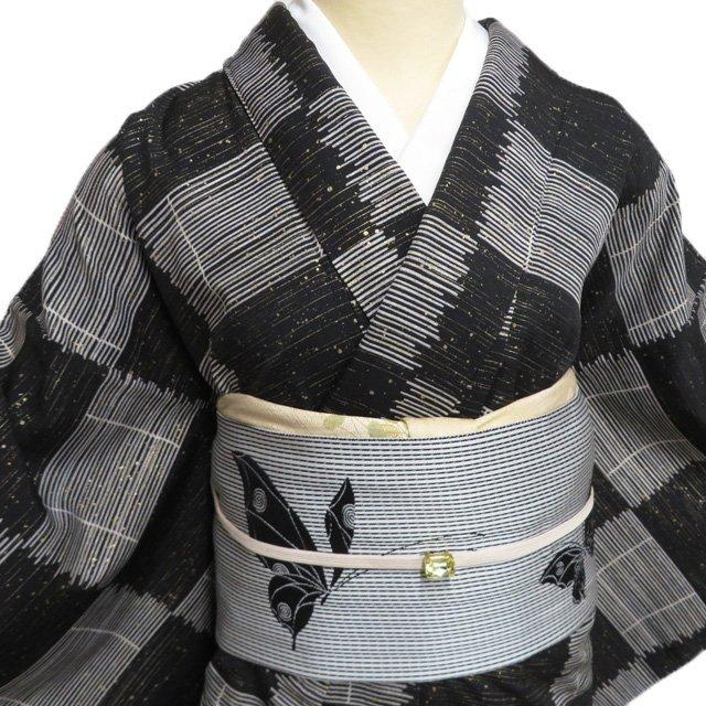 特選 小紋 袋帯 2点セット 着物 中古 池田重子 落款 変わり格子模様 猫に蝶 黒色 金 身丈160cm 裄66cm M きもの北條 A1319-1の画像