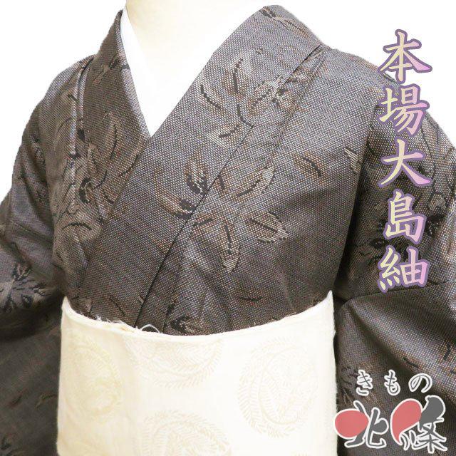 本場 大島紬 着物 中古 正絹 袷 カジュアル 草花文様 ラベル付き 焦